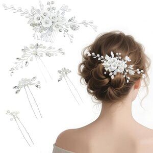 5 PCS Silver Leaf Flower Wedding Hair Comb Bridal Headpiece Pearl Crystal Access
